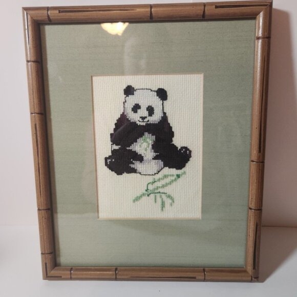 Other - Vintage Panda Bear Cross Stitch Framed Art Faux Bamboo Wood Frame